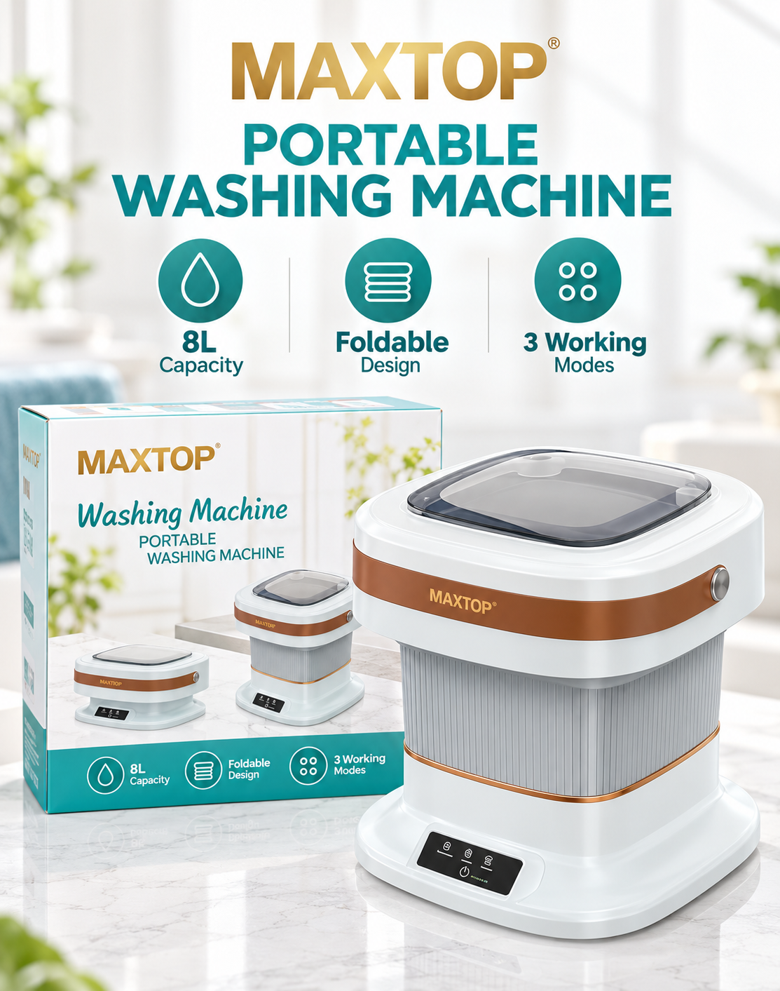 MAXTOP 8L Portable Folding Washing Machine with 3 Working Modes & 36W Power