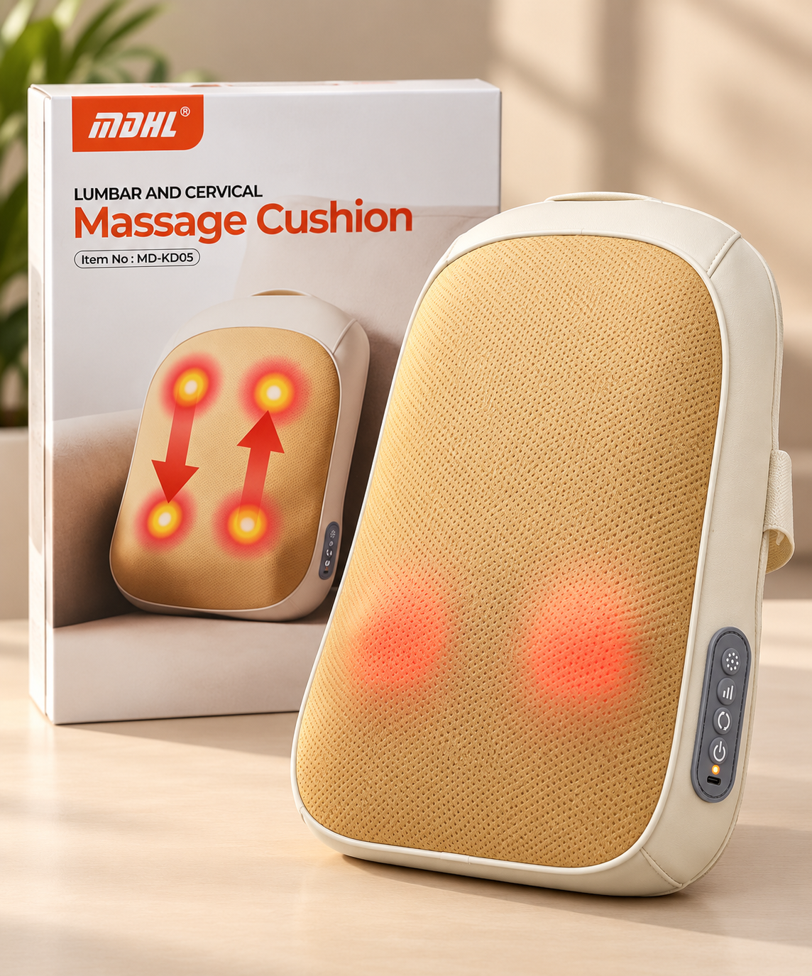 MDHL MD-KD05 Rechargeable Massage Cushion with Heat | Neck & Back Massager – Beige