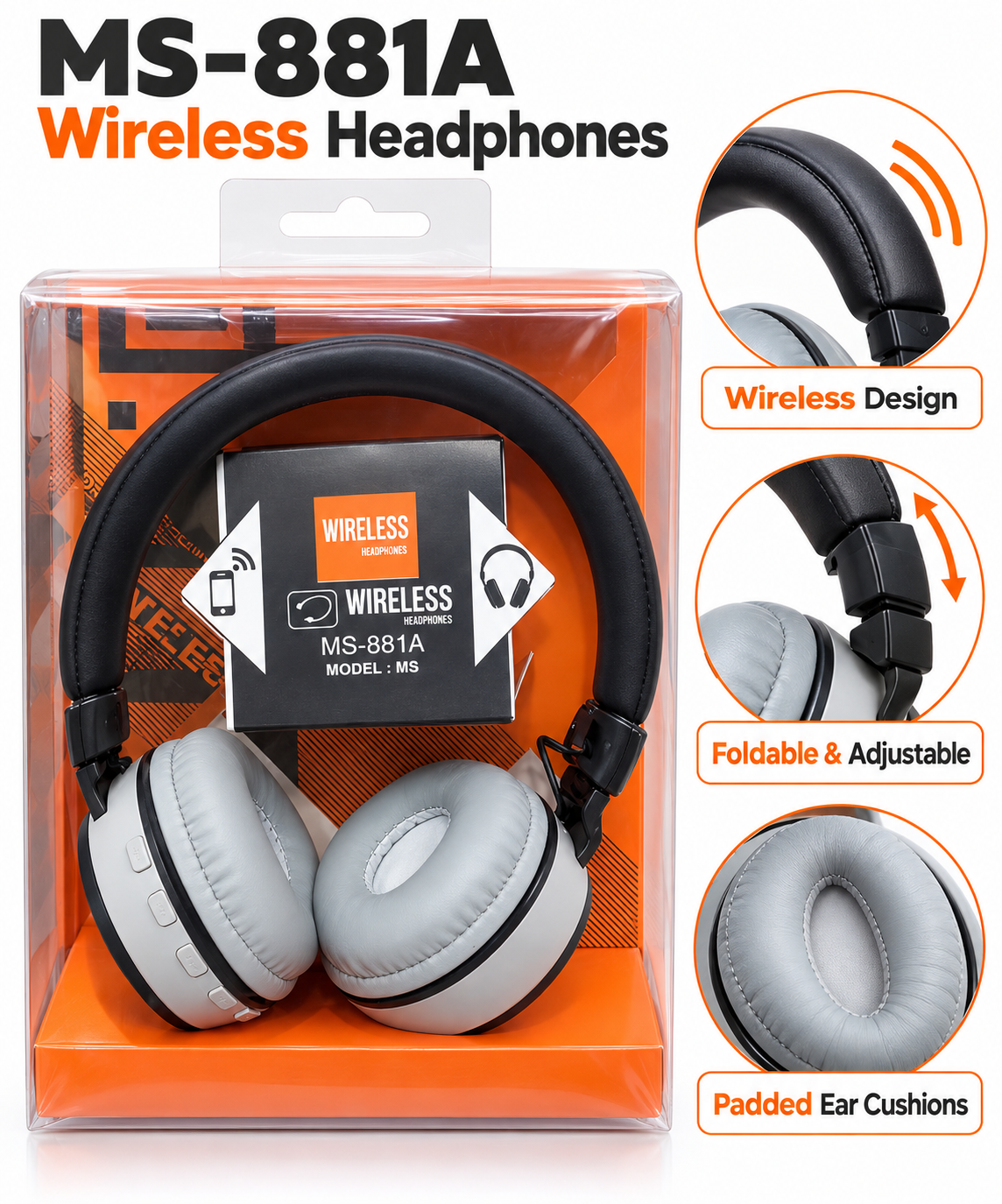 MS-881A Wireless Headphones – Foldable Design with Padded Ear Cushions