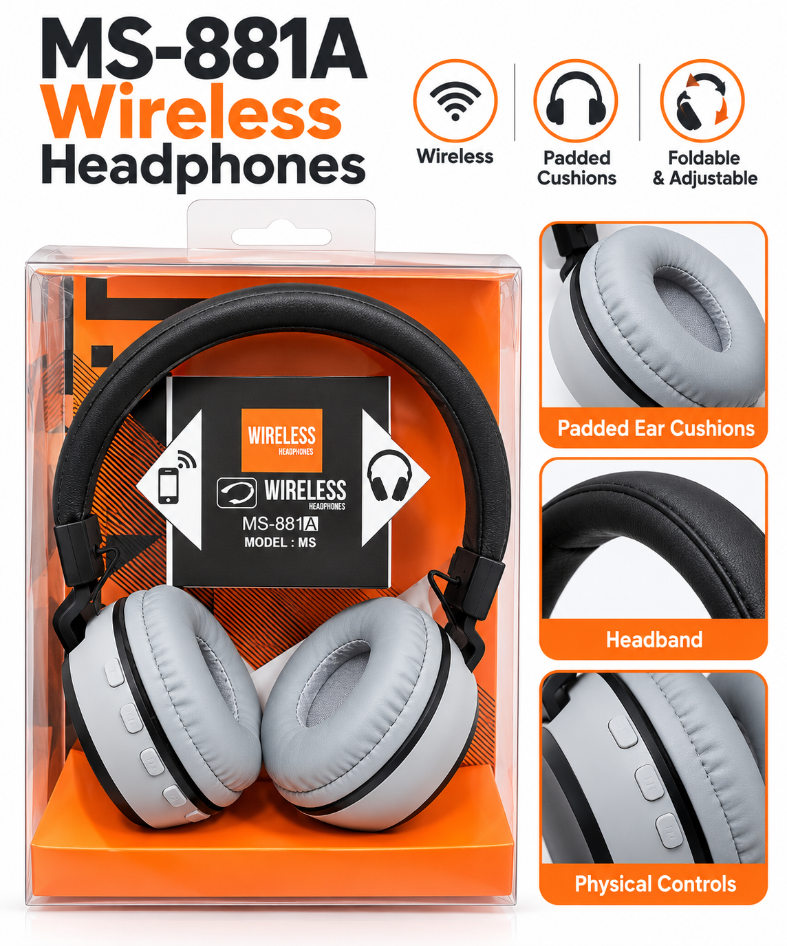 MS-881A Wireless Headphones – Foldable Design with Padded Ear Cushions