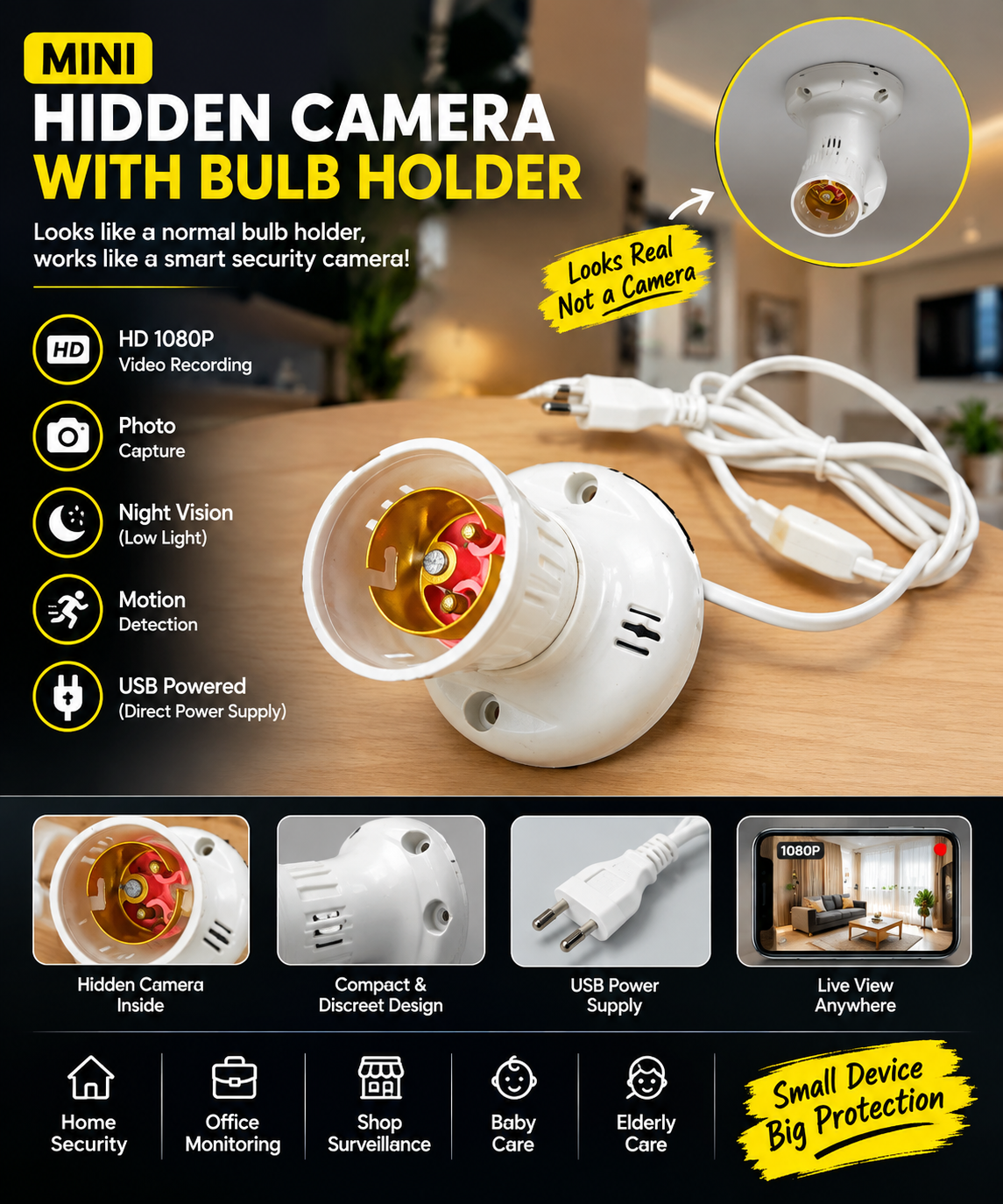 Mini Hidden Camera Bulb Holder – HD 1080P Security Camera