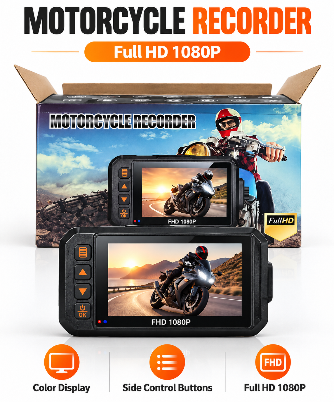 Full HD 1080P Waterproof Motorcycle DVR Dash Camera with Color Display & Side Control Buttons