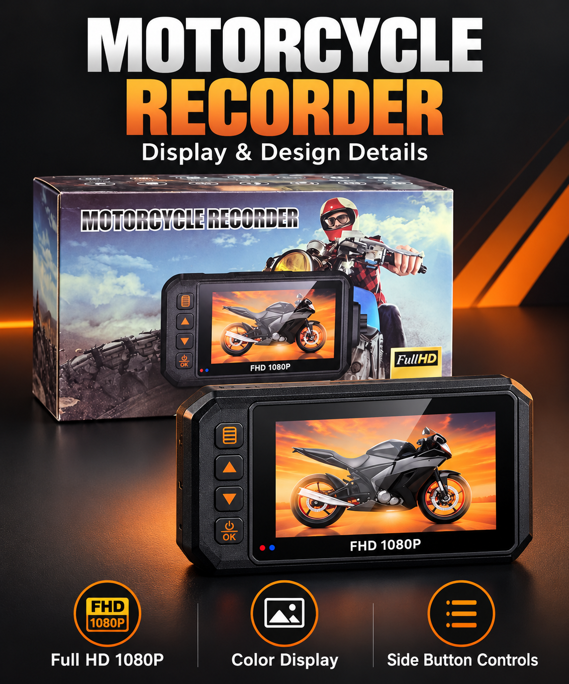 Full HD 1080P Waterproof Motorcycle DVR Dash Camera with Color Display & Side Control Buttons