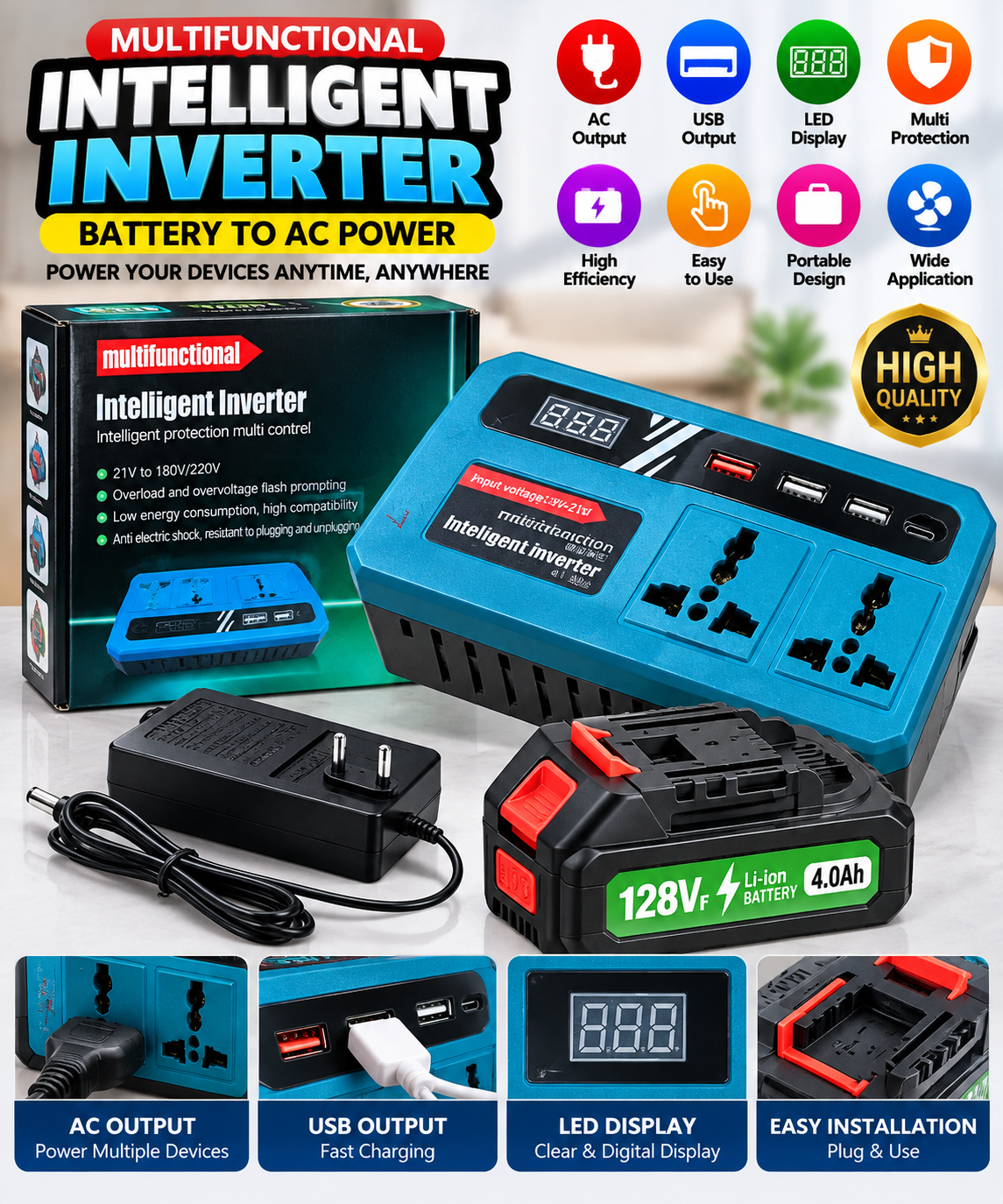 Battery Inverter with Rechargeable Battery & Charger