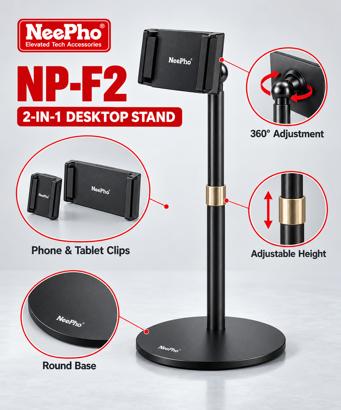NeePho NP-F2 2-in-1 Adjustable Desktop Mobile & Tablet Stand