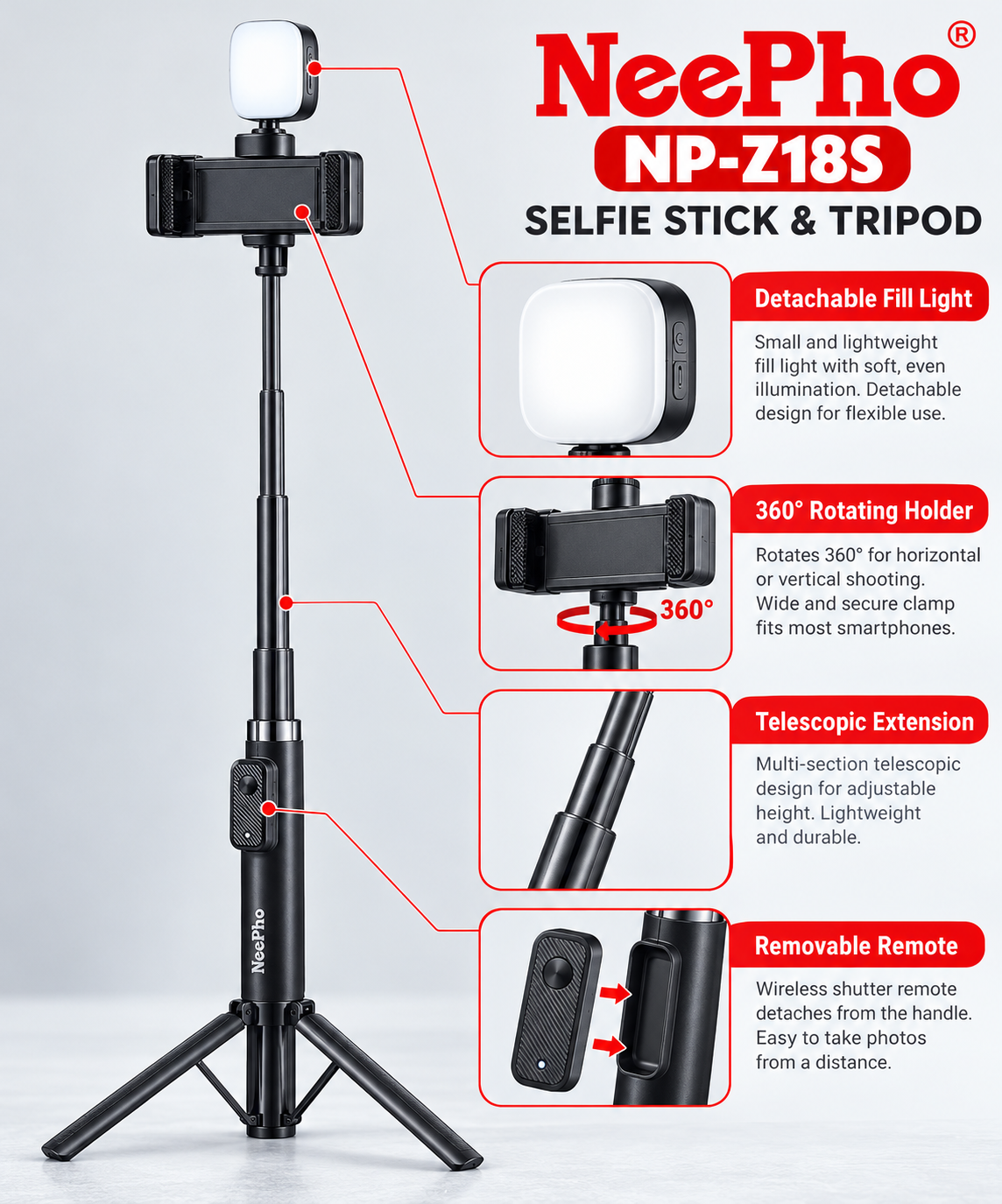 NeePho NP-Z18S Selfie Stick & Tripod with Detachable Fill Light and Wireless Remote