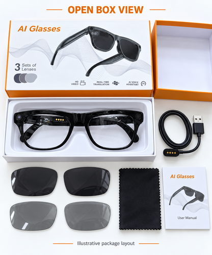 AI Smart Camera Glasses with Real-Time Translation & 3 Lens Sets – Black