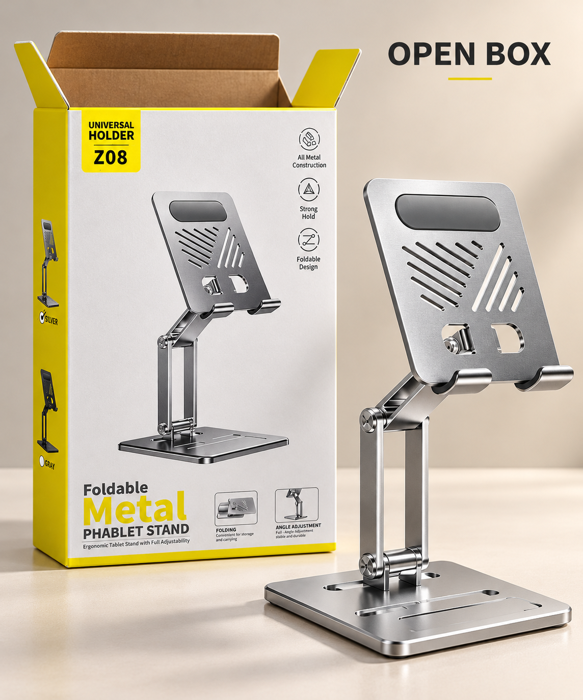 Z08 Foldable Metal Mobile & Tablet Stand – Adjustable Desktop Holder (Silver