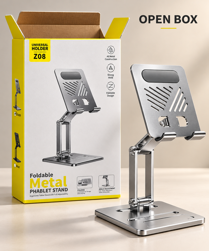 Z08 Foldable Metal Mobile & Tablet Stand – Adjustable Desktop Holder (Silver