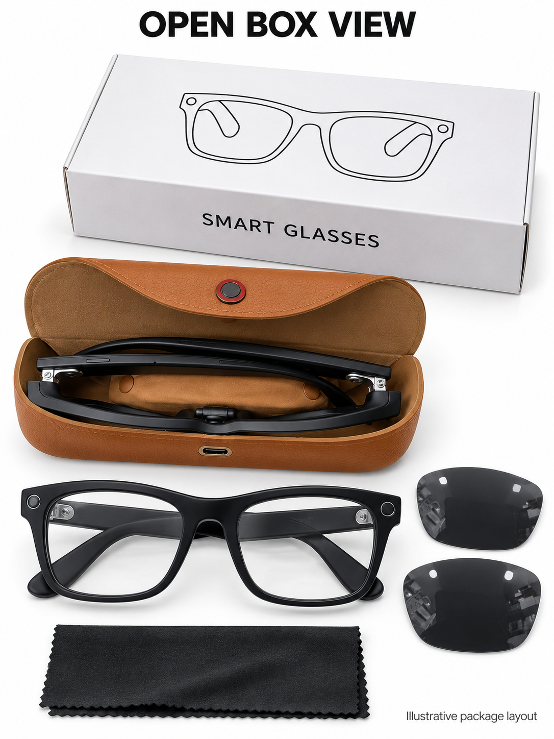 Black Smart Glasses with Clear & Dark Lenses and Brown Case