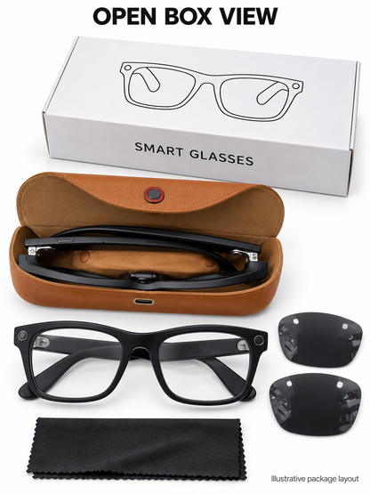 Black Smart Glasses with Clear & Dark Lenses and Brown Case