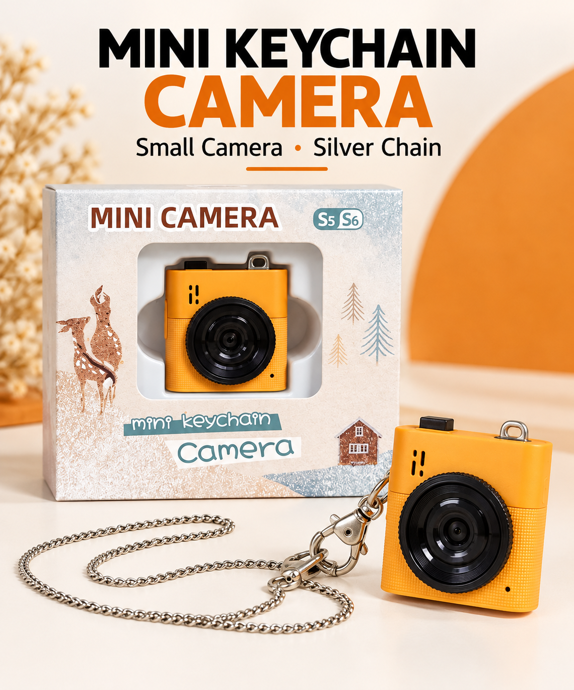 Mini Keychain Camera with Silver Chain – Orange