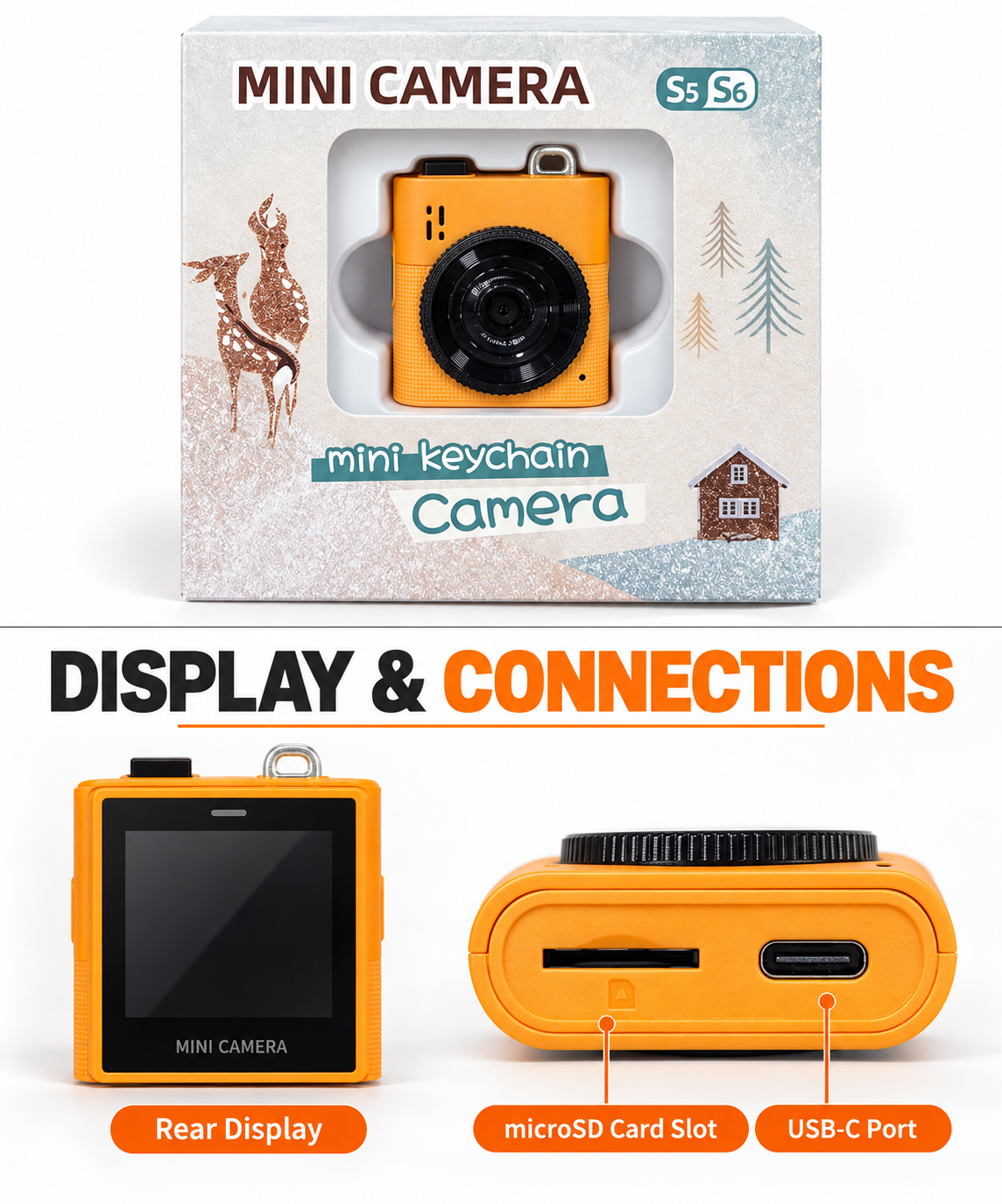 Mini Keychain Camera with Silver Chain – Orange