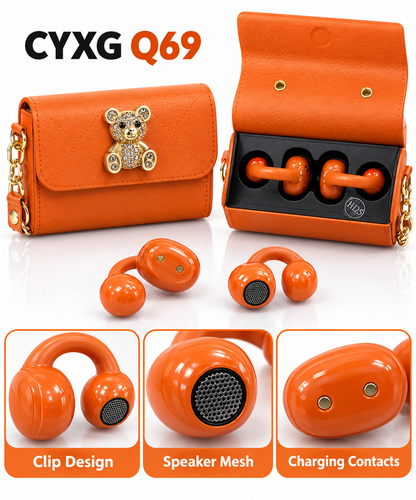 CYXG Q69 Luxury Handbag Open-Ear Wireless Earbuds – Designer Mini Leather Pouch Charging Case, Gold Chain Strap, &amp; Crystal Bear Pendant, Extra Bass TWS Bluetooth Earphone