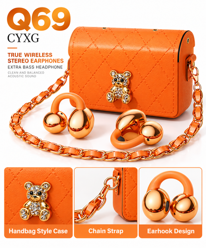 CYXG Q69 Luxury Handbag Open-Ear Wireless Earbuds – Designer Mini Leather Pouch Charging Case, Gold Chain Strap, &amp; Crystal Bear Pendant, Extra Bass TWS Bluetooth Earphone