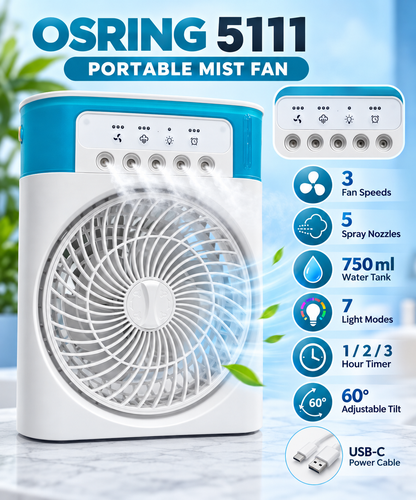 Osring 5111 Portable Desktop Mist Fan – 750ml, 3 Speeds & 5 Spray Nozzles