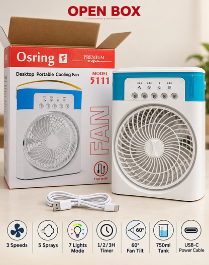 Osring 5111 Portable Desktop Mist Fan – 750ml, 3 Speeds & 5 Spray Nozzles