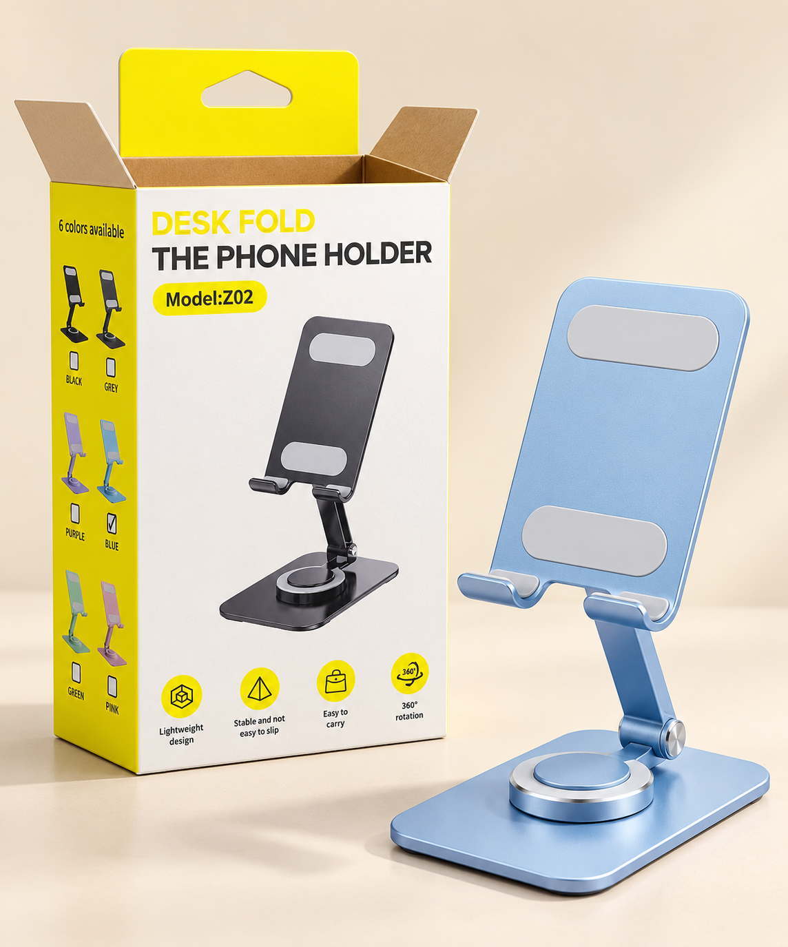 Z02 Foldable Desktop Mobile Holder with 360° Rotation – Pastel Blue