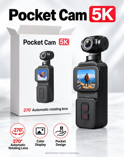 Pocket Cam 5K Ultra-HD Handheld Action Camera with 270° Rotating Lens & Color Display