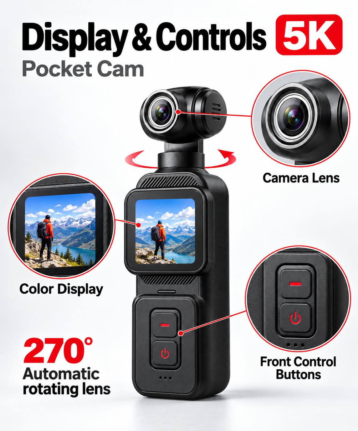 Pocket Cam 5K Ultra-HD Handheld Action Camera with 270° Rotating Lens & Color Display