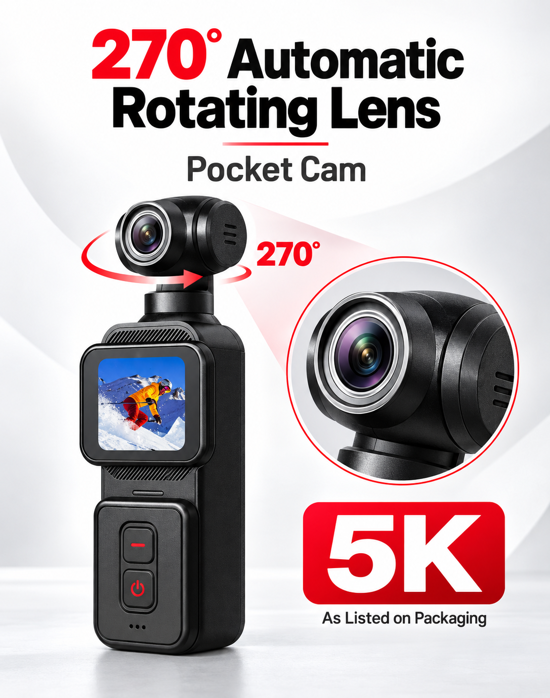 Pocket Cam 5K Ultra-HD Handheld Action Camera with 270° Rotating Lens & Color Display