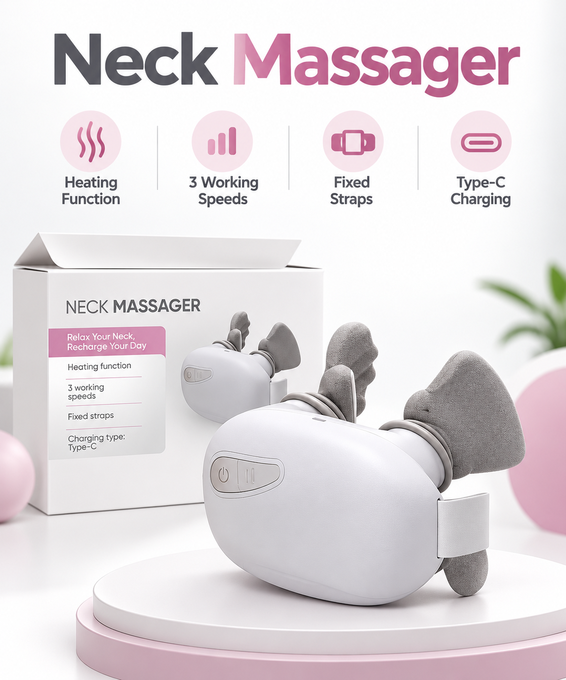 Smart Cordless Electric Neck Massager with Heat Therapy & 3 Speed Settings