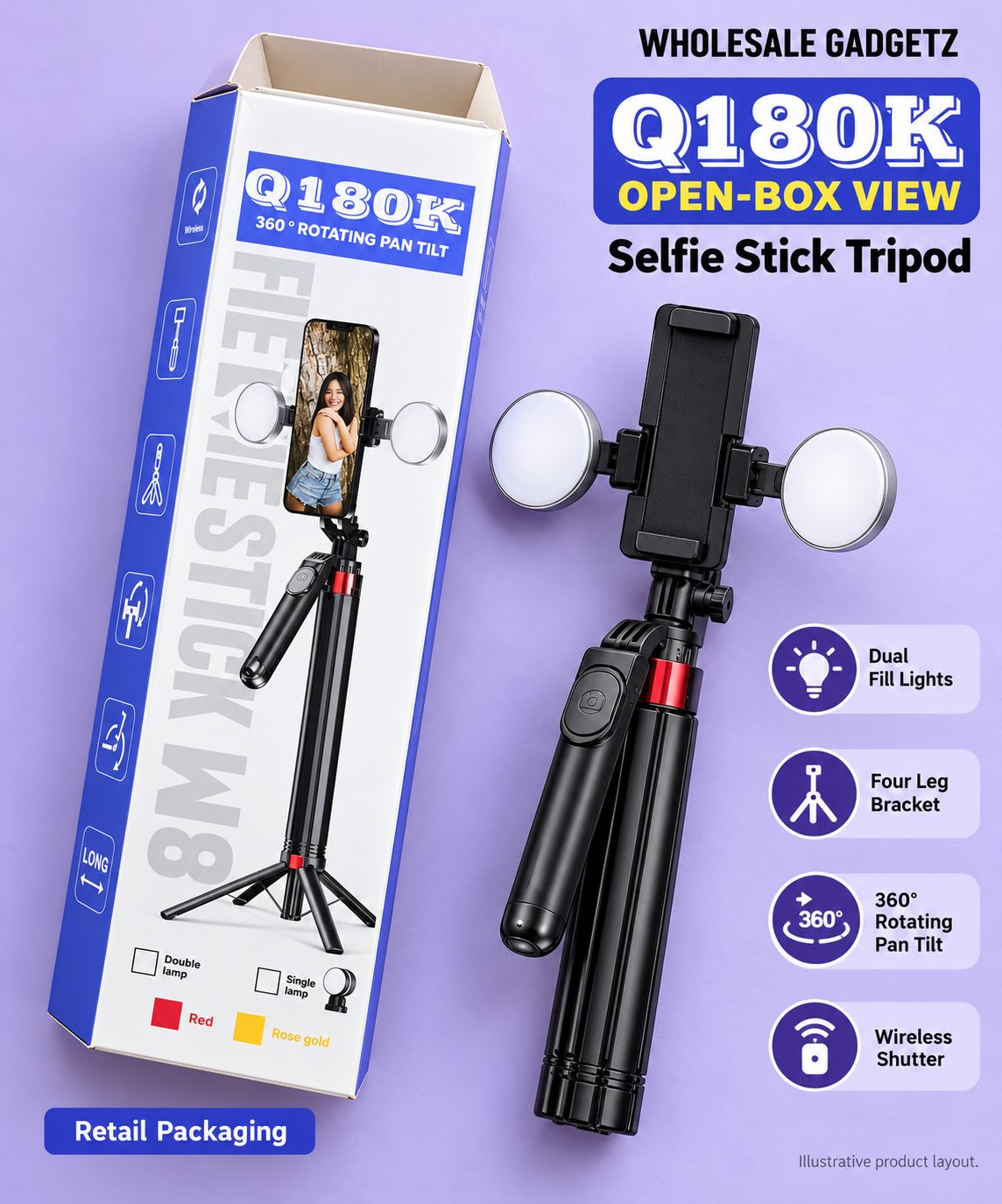 Q180K 1.85m Selfie Stick Tripod with Dual Fill Lights & Wireless Shutter