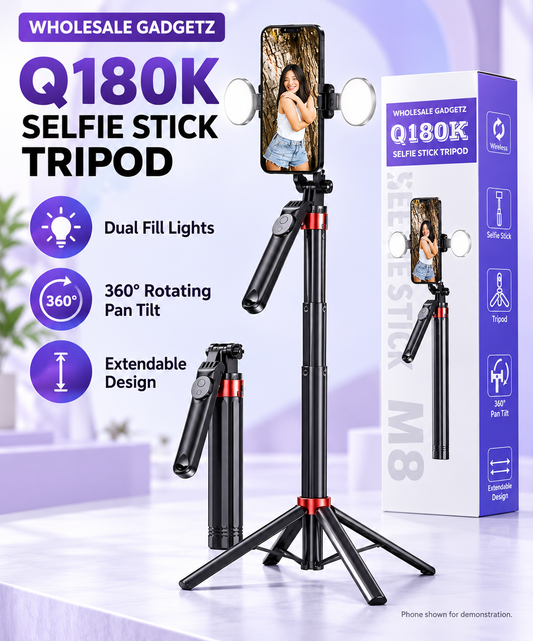 Q180K 1.85m Selfie Stick Tripod with Dual Fill Lights & Wireless Shutter