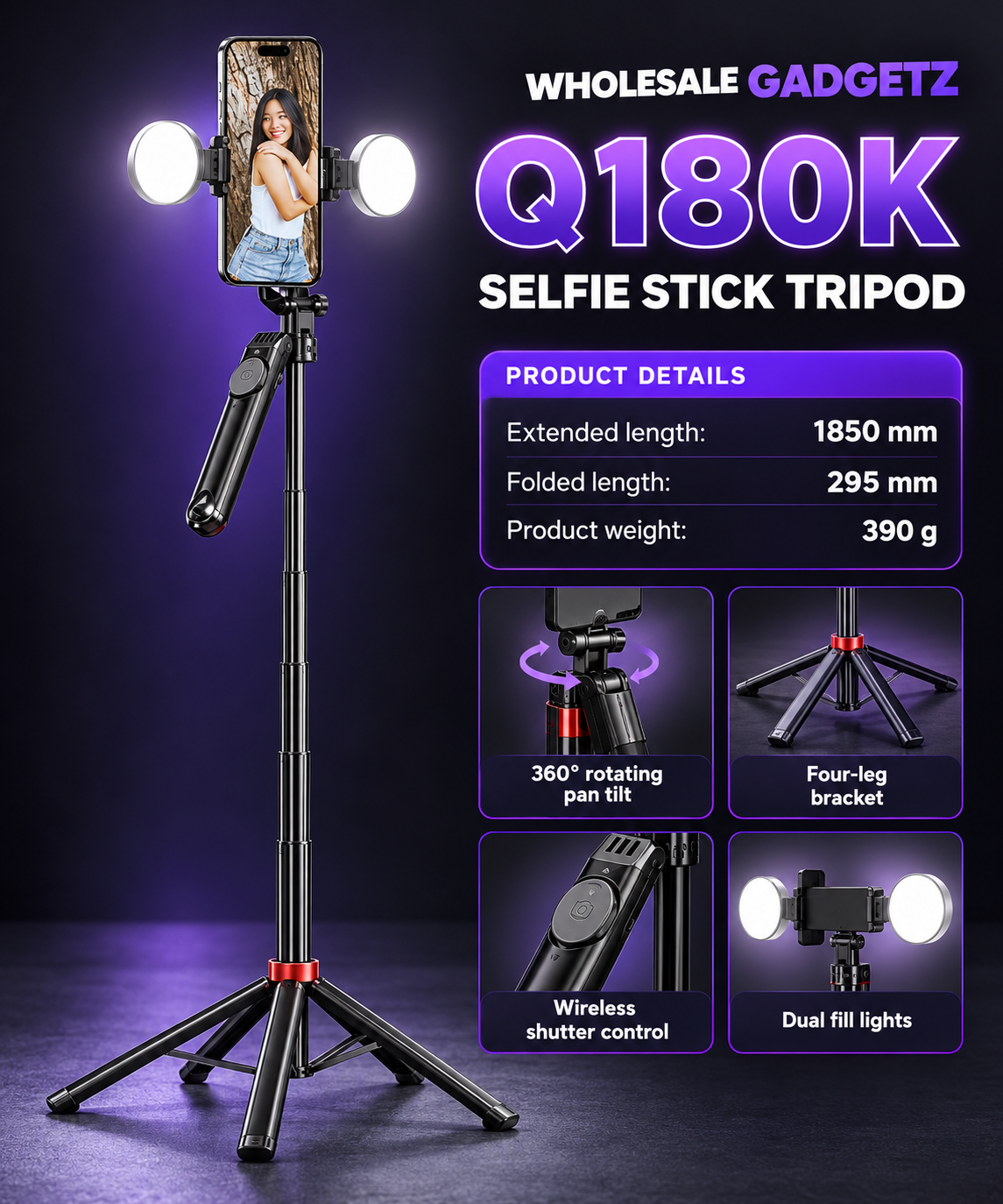 Q180K 1.85m Selfie Stick Tripod with Dual Fill Lights & Wireless Shutter