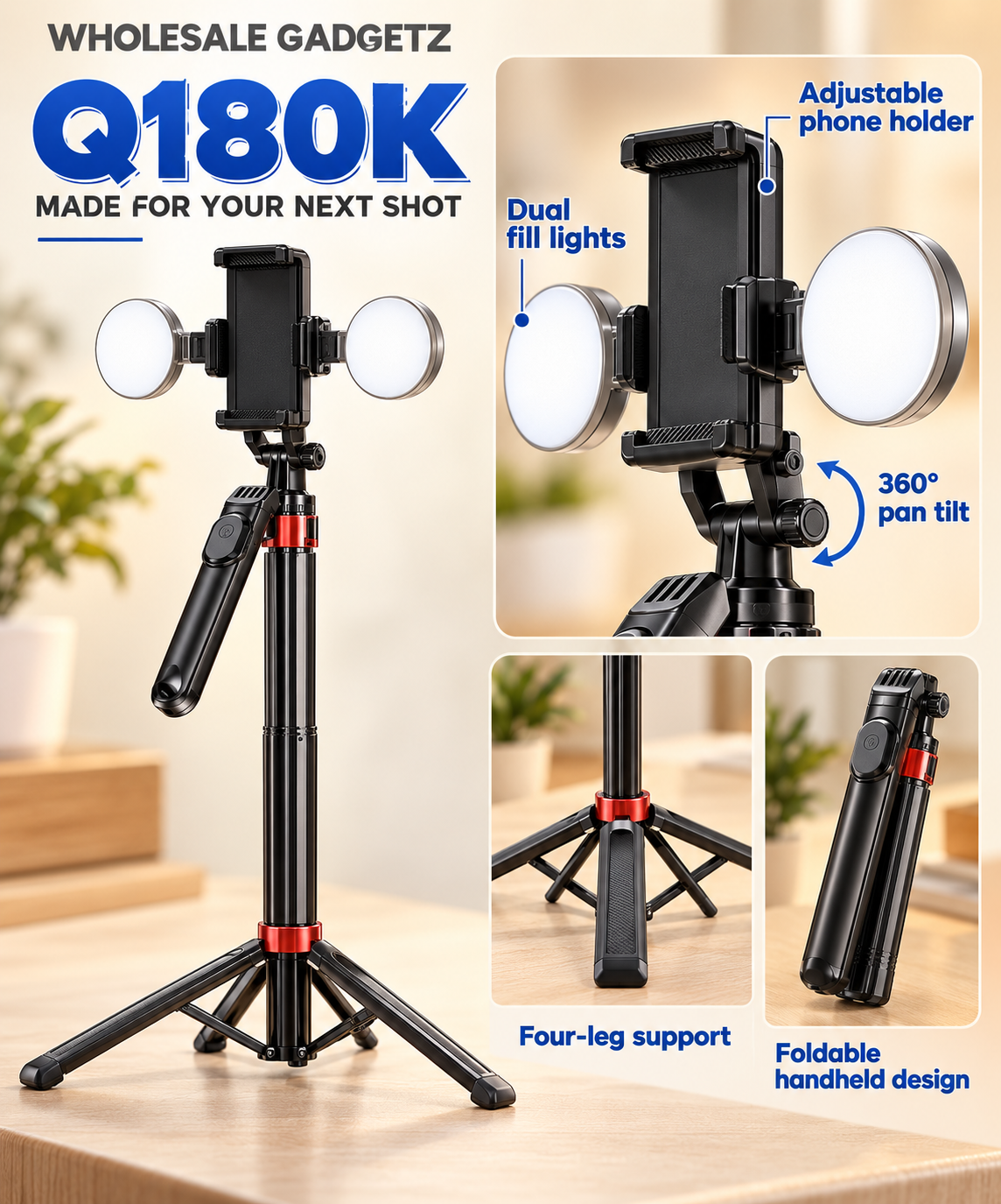 Q180K 1.85m Selfie Stick Tripod with Dual Fill Lights & Wireless Shutter