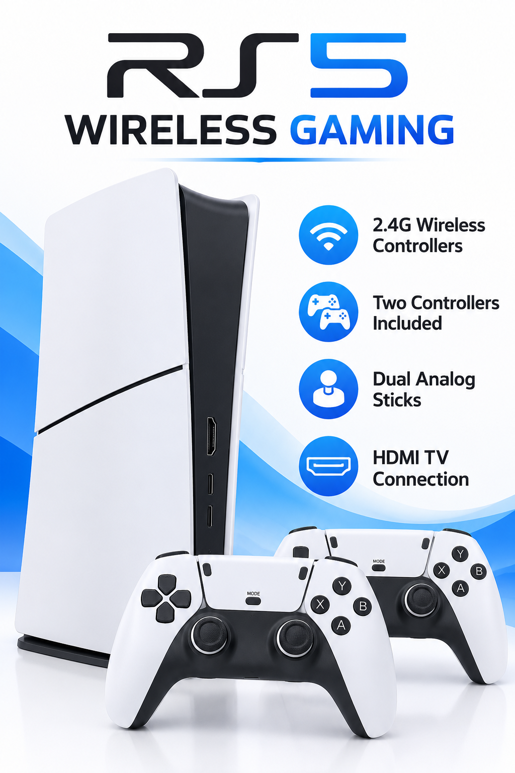 RS5 Retro TV Gaming Console with Dual 2.4G Wireless Controllers – White & Black