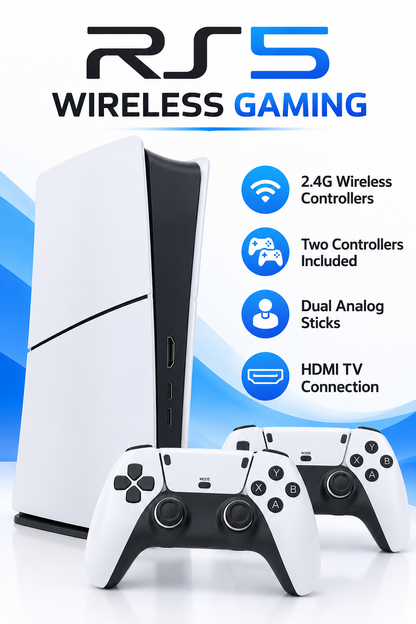 RS5 Retro TV Gaming Console with Dual 2.4G Wireless Controllers – White & Black