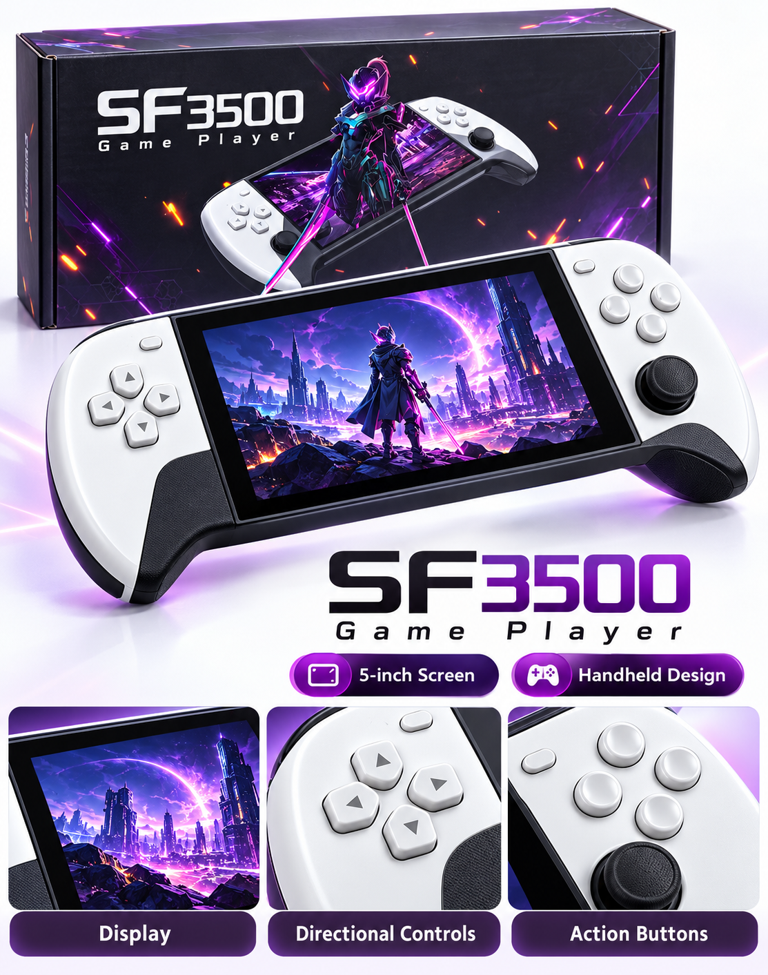 SF3500 Handheld Game Player – 5-Inch Screen, White & Black
