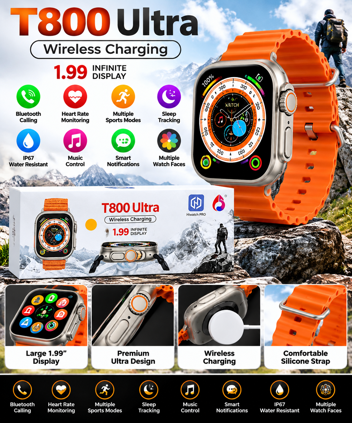 T800 Ultra Smart Watch – 1.99″ Infinite Display with Wireless Charging