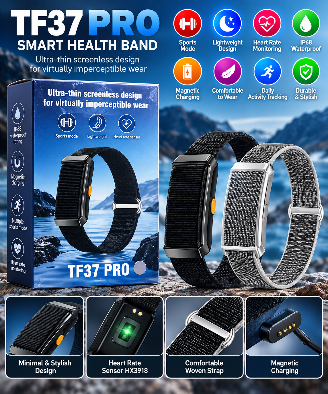 TF37 PRO Smart Fitness Band – Screenless Health Tracker with Heart Rate Monitoring, Bluetooth 5.3 & IP68 Water Resistance