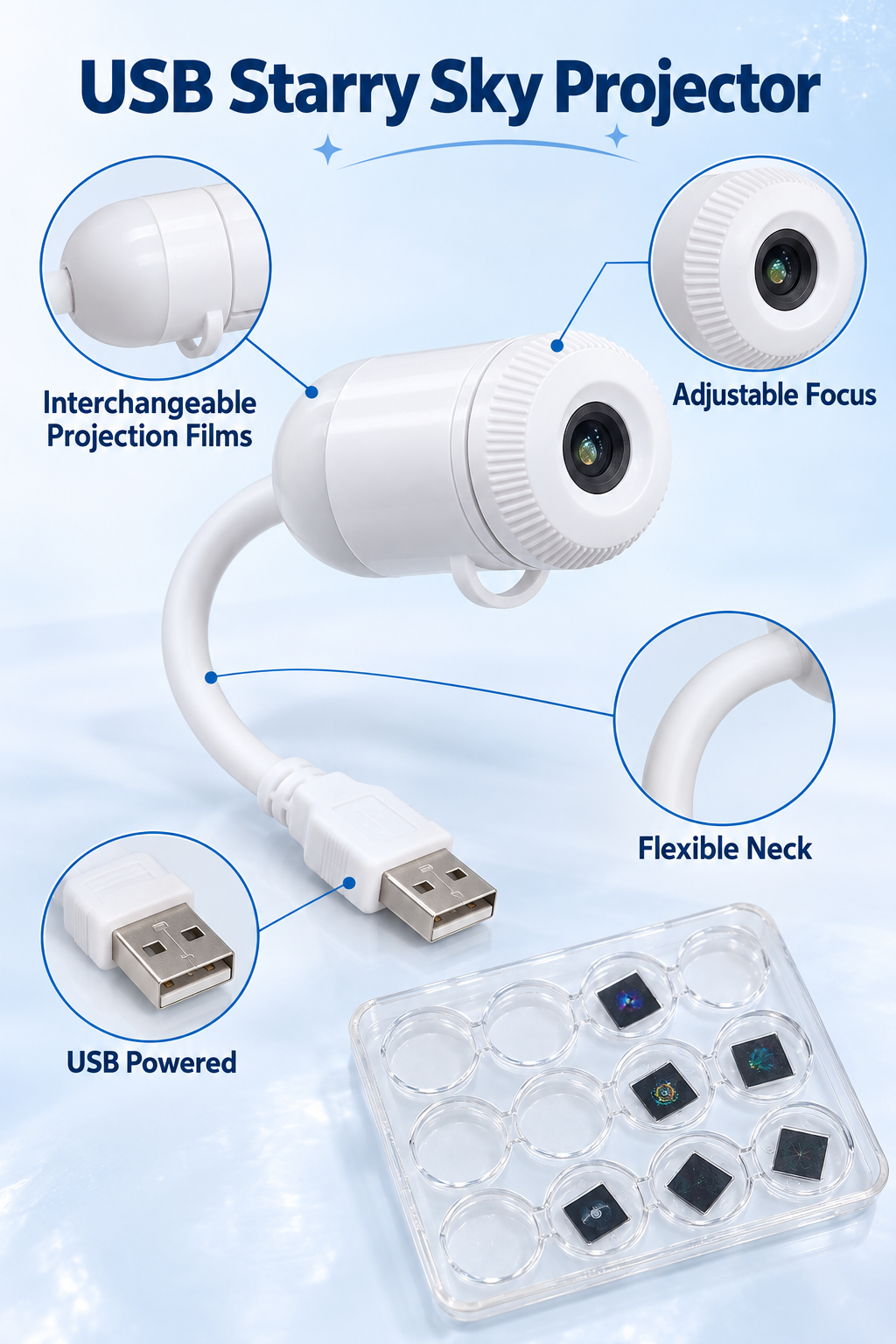 USB Starry Sky Projection Nightlight with Adjustable Focus & Flexible Neck