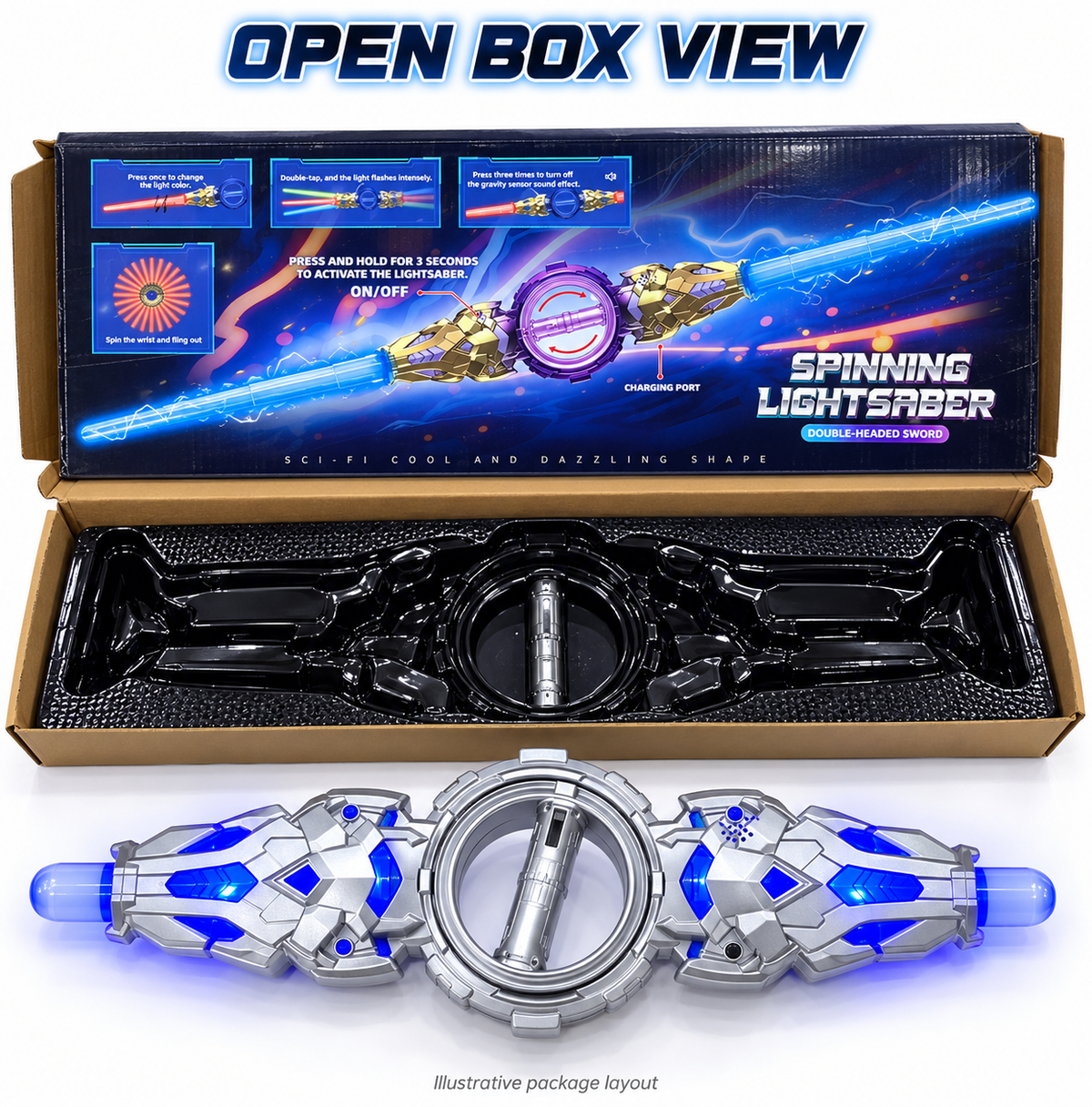 Rechargeable Double-Headed Spinning LED Toy Sword with 24-Colour Lights & Sound Effects – 138 cm