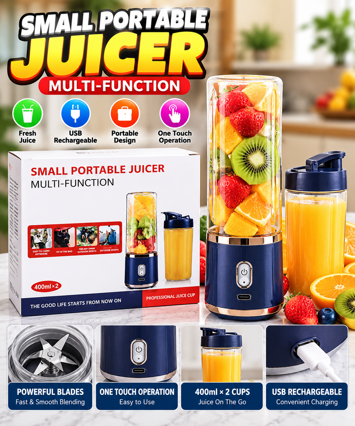Portable Electric Mini Juicer Blender – USB Rechargeable 400ML × 2 Juice Cup Set