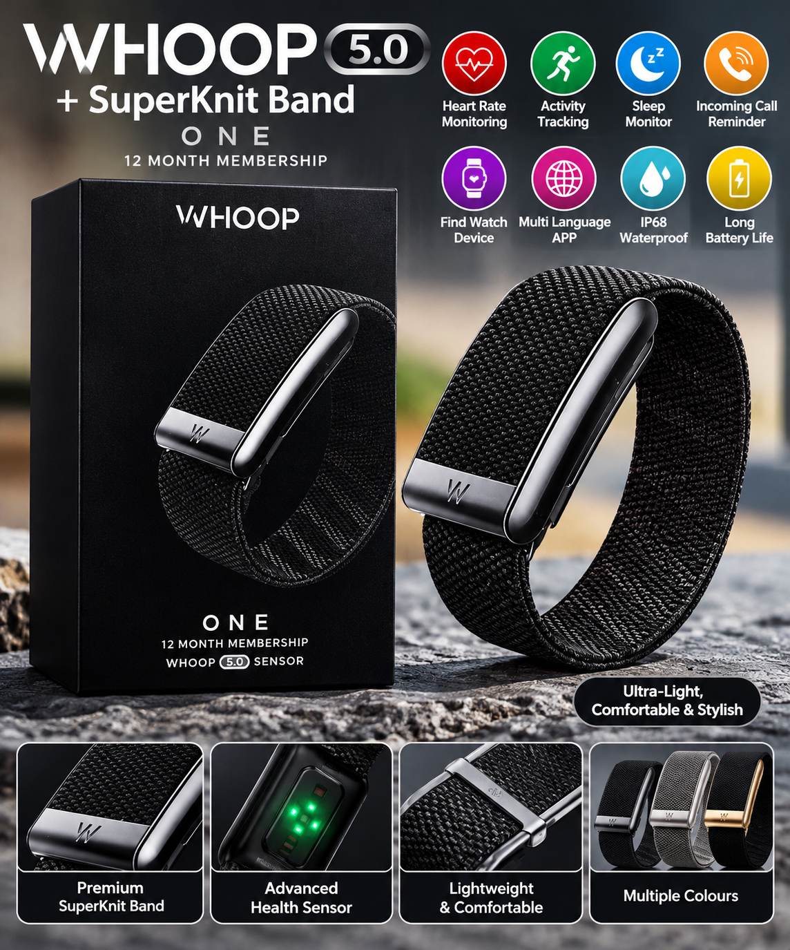 WHOOP 5.0 Smart Fitness Band with SuperKnit Strap – Heart Rate, Sleep & Activity Tracker