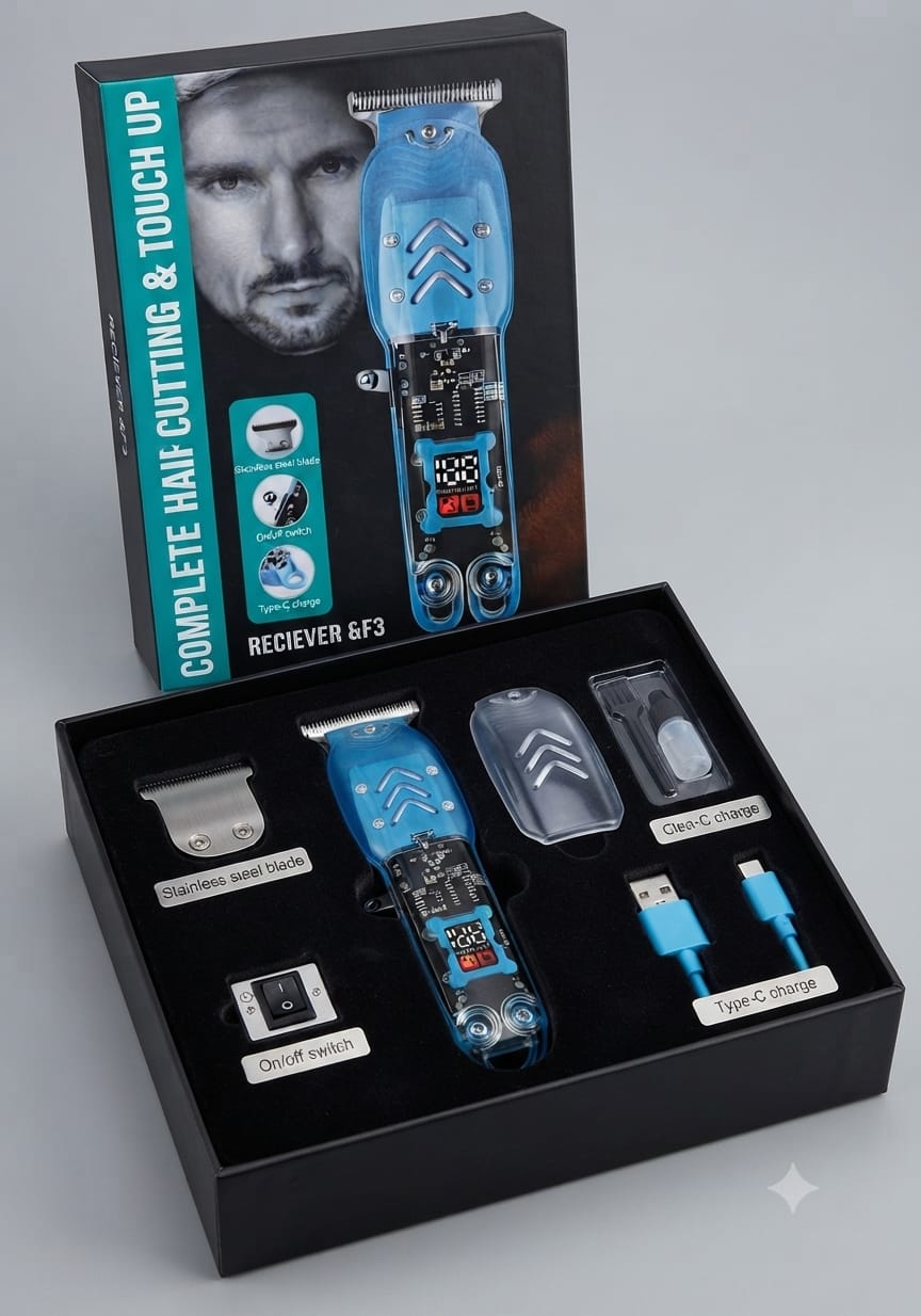 Transparent Cordless Hair Clipper & Beard Trimmer Set – Professional Hair Cutting Grooming Kit with Digital LED Display