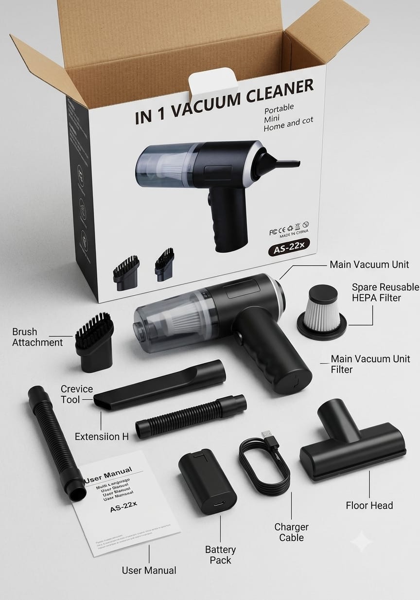 Multifunctional Cordless Handheld Vacuum Cleaner Set – Portable Mini Car & Home Vacuum with Nozzles & HEPA Filter
