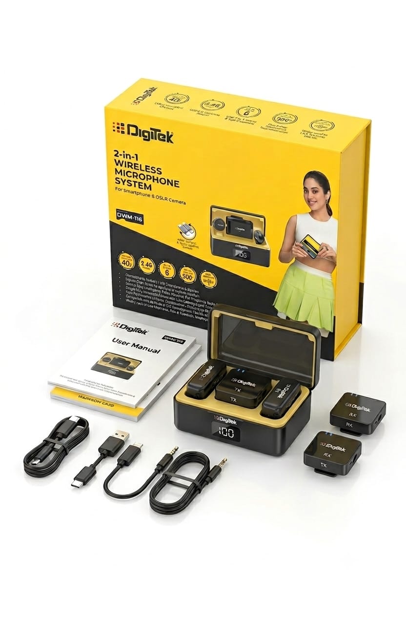 Digitek DWM-116 2-in-1 Wireless Microphone System for Smartphone & DSLR Camera