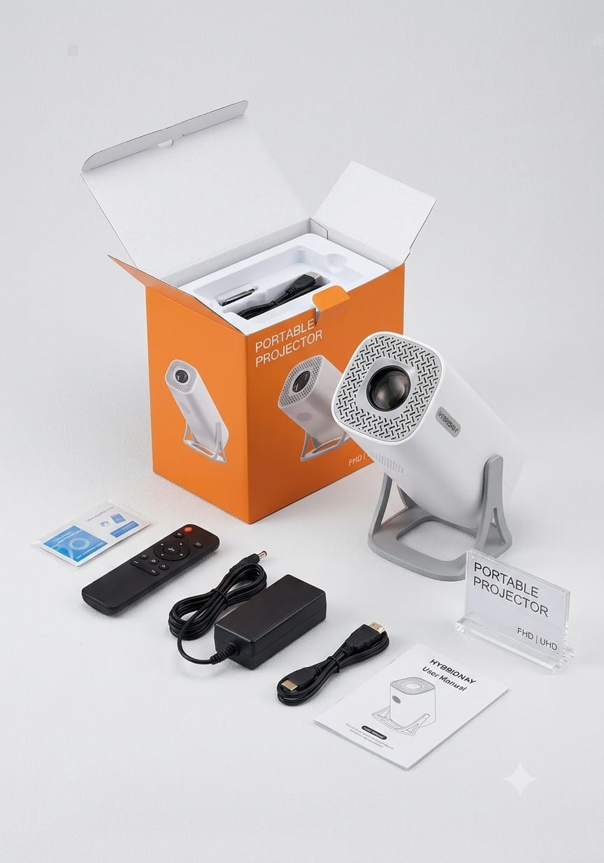 HYBRIDNAY Smart Portable Mini Projector – FHD/UHD 180° Rotatable Home Theater LED Projector Set