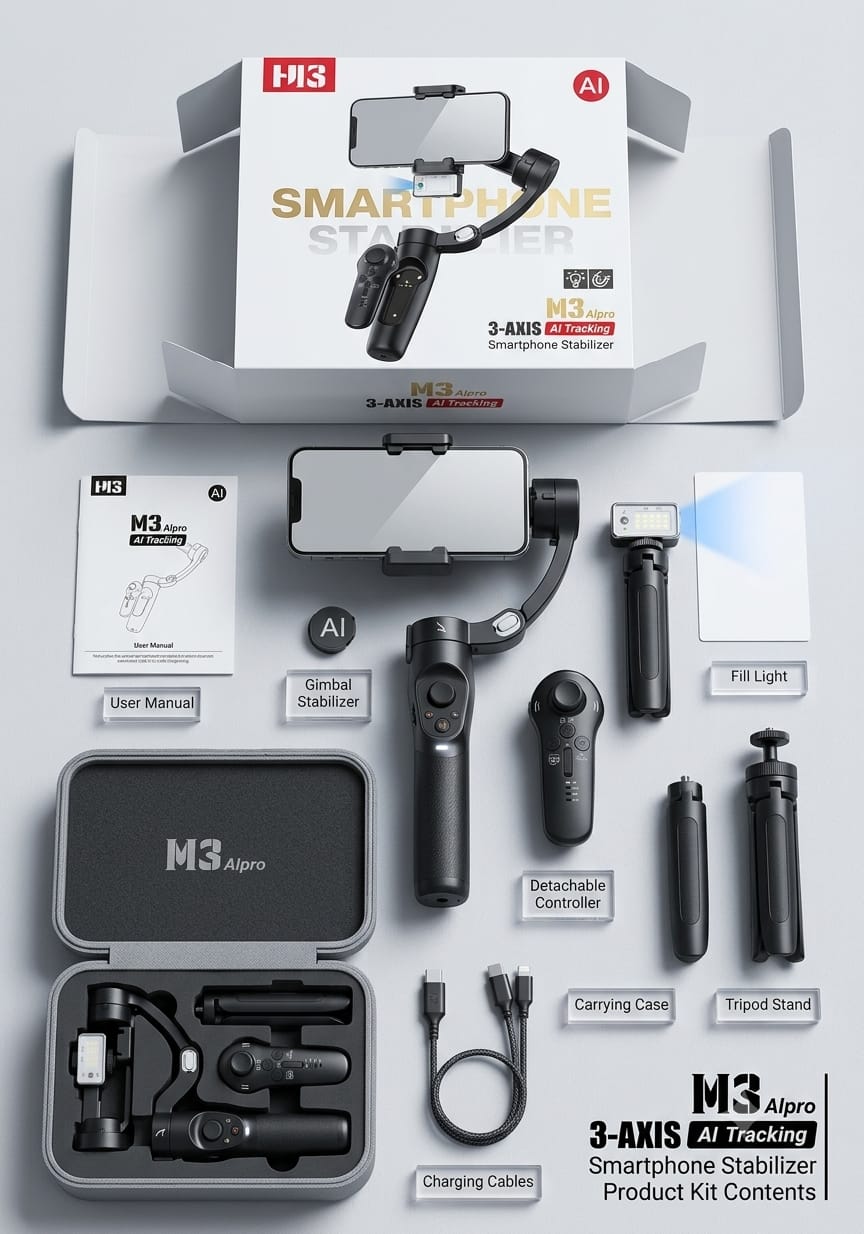 M3 Alpro 3-Axis AI Tracking Smartphone Gimbal Stabilizer Kit