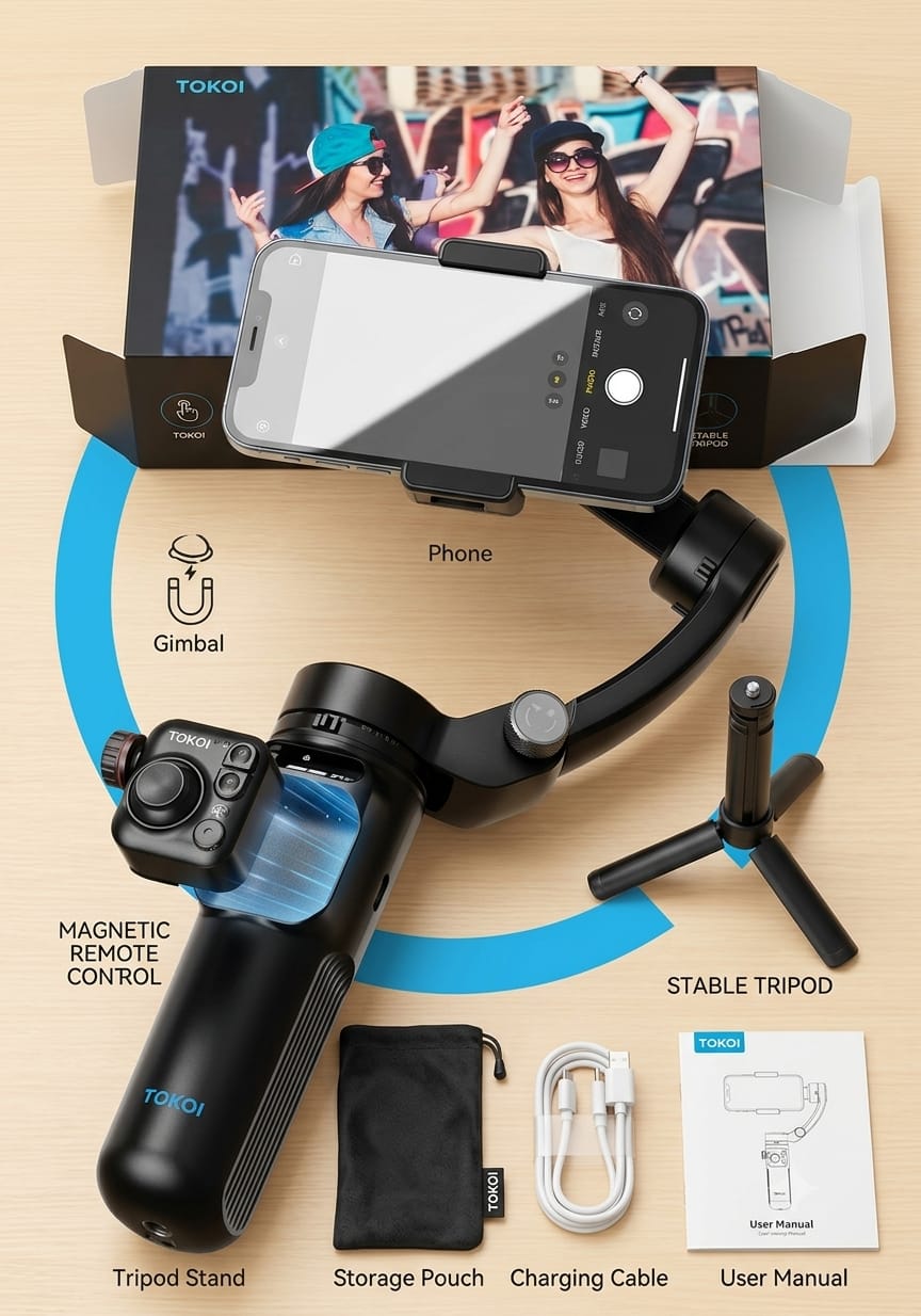TOKQI M02 3-Axis Smartphone Gimbal Stabilizer with Magnetic Remote Control