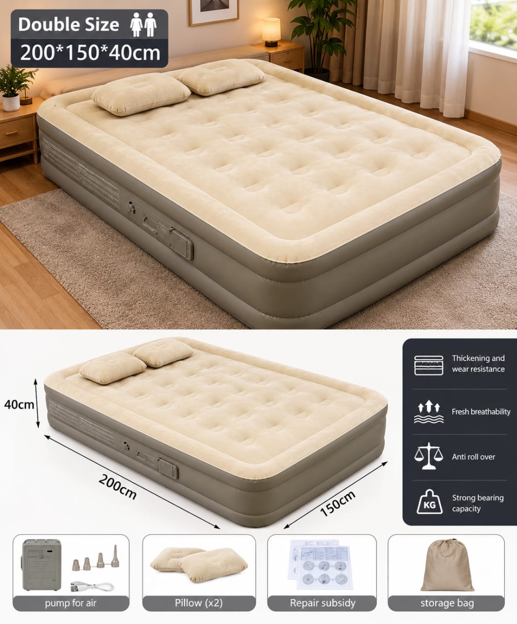 Double Size Inflatable Air Bed with 2 Pillows & Electric Pump