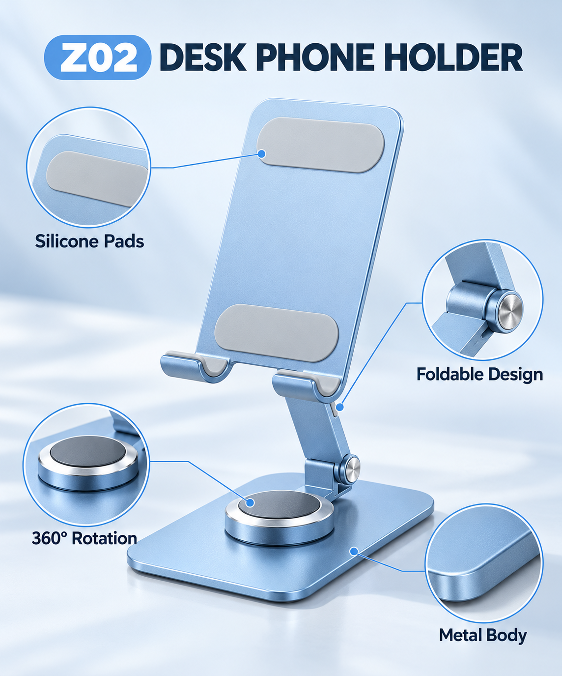 Z02 Foldable Desktop Mobile Holder with 360° Rotation – Pastel Blue