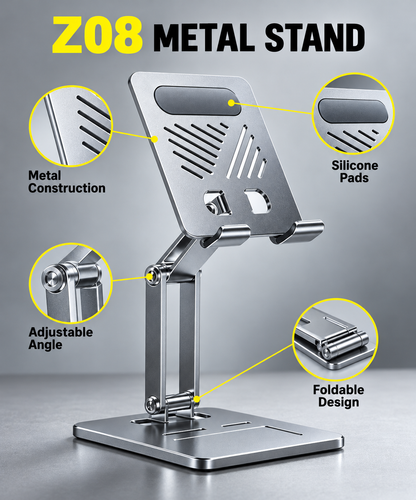 Z08 Foldable Metal Mobile & Tablet Stand – Adjustable Desktop Holder (Silver