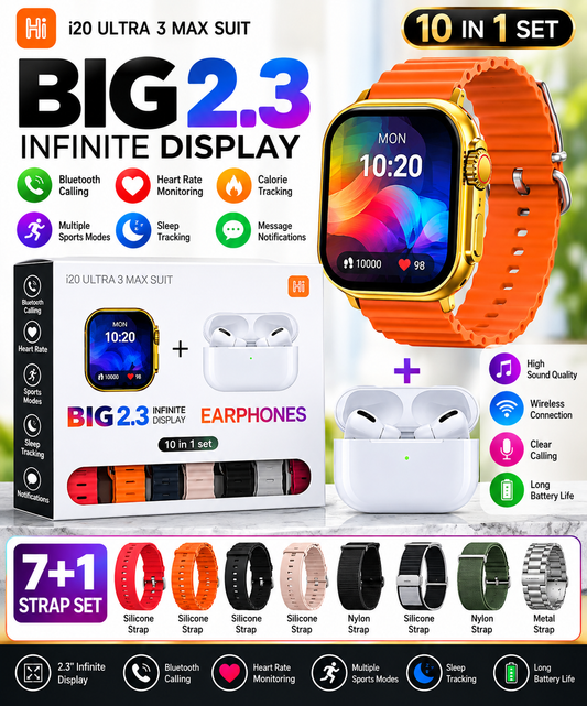 i20 Ultra 3 Max Suit Smart Watch + Earbuds – 10 in 1 Set